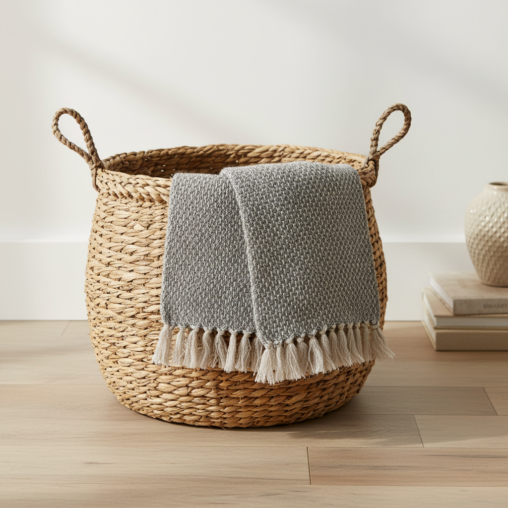 Kvadratisk produktbilde av grått bomullspledd med lyse frynser