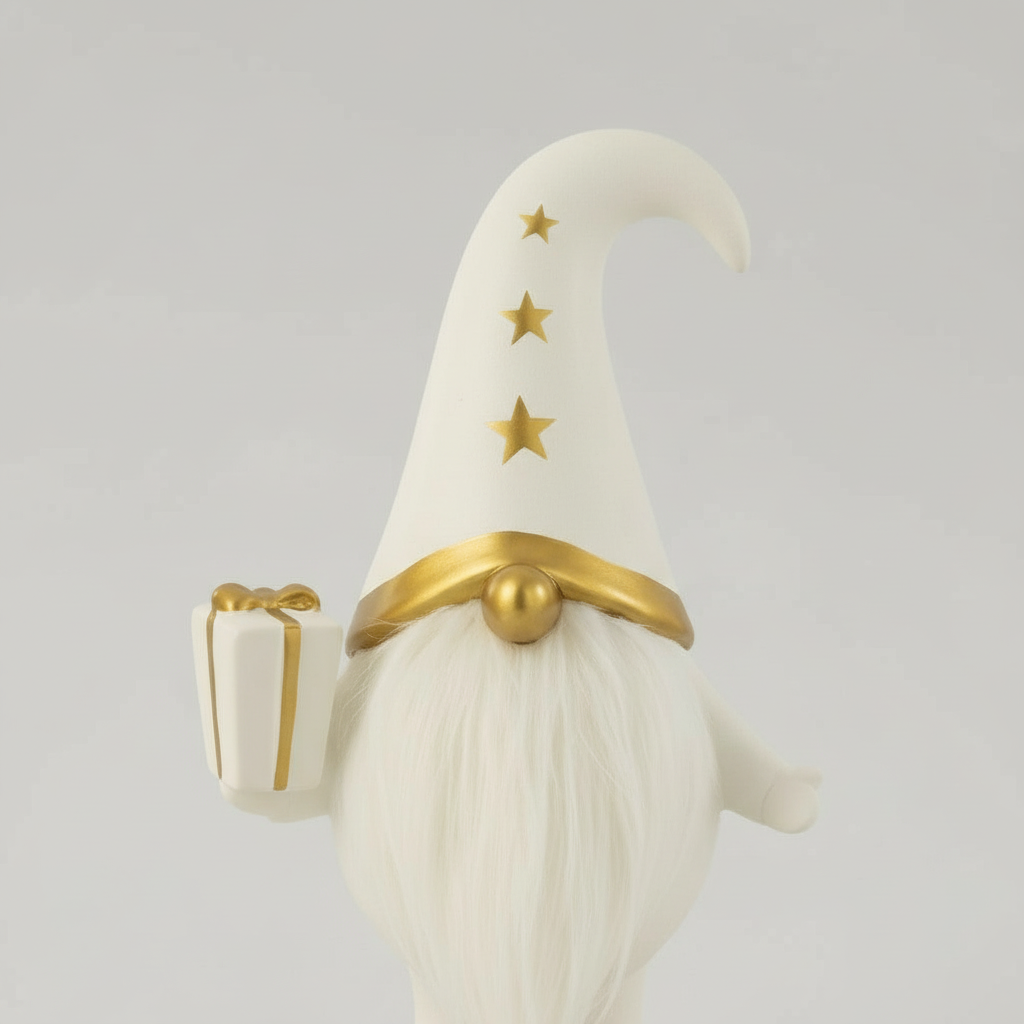 Detaljbilde av Mats nissefigur med langt hvitt skjegg og gulldetaljer