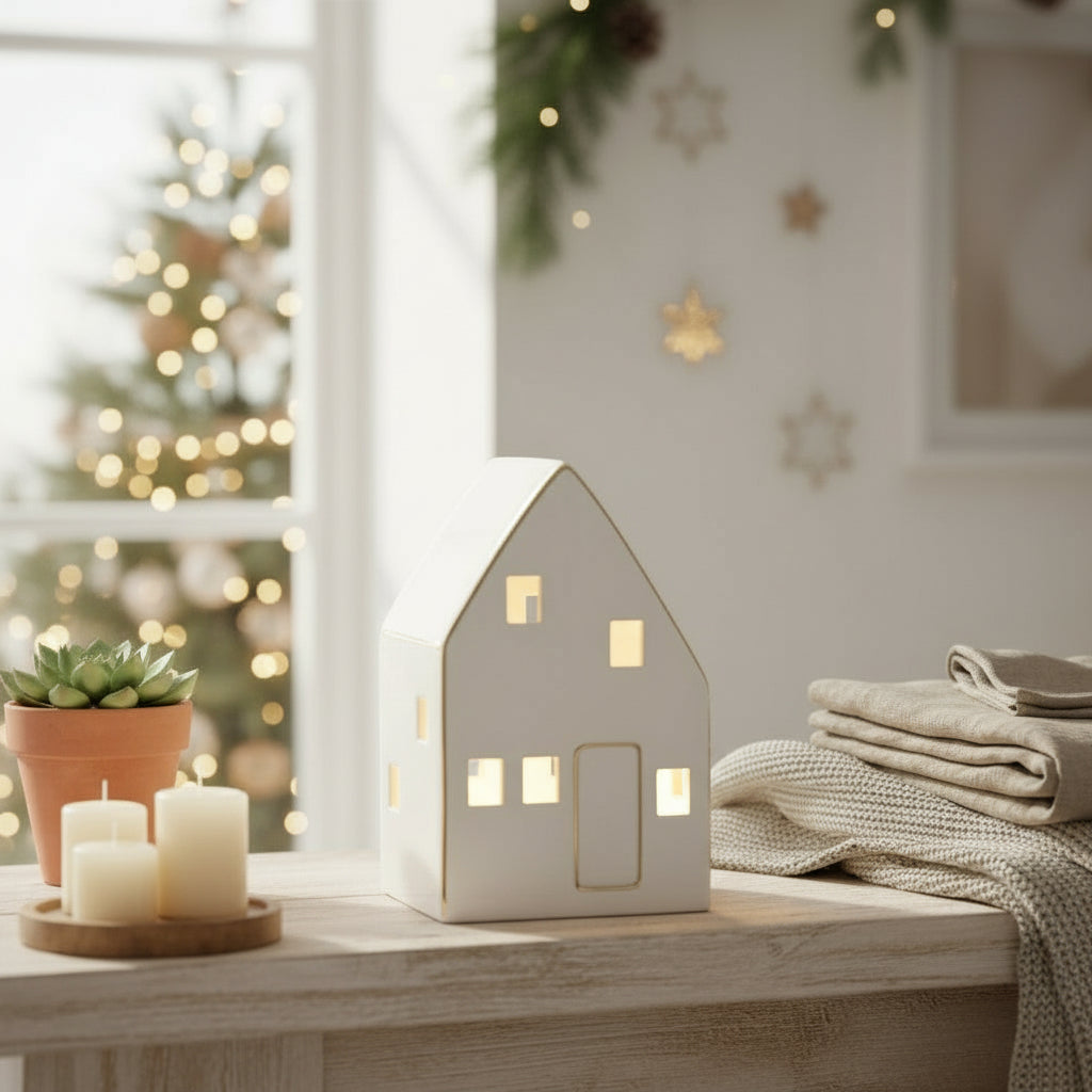 Lite keramikkhus i hvit finish med vinduer og dør – enkel og elegant interiørdekorasjon.