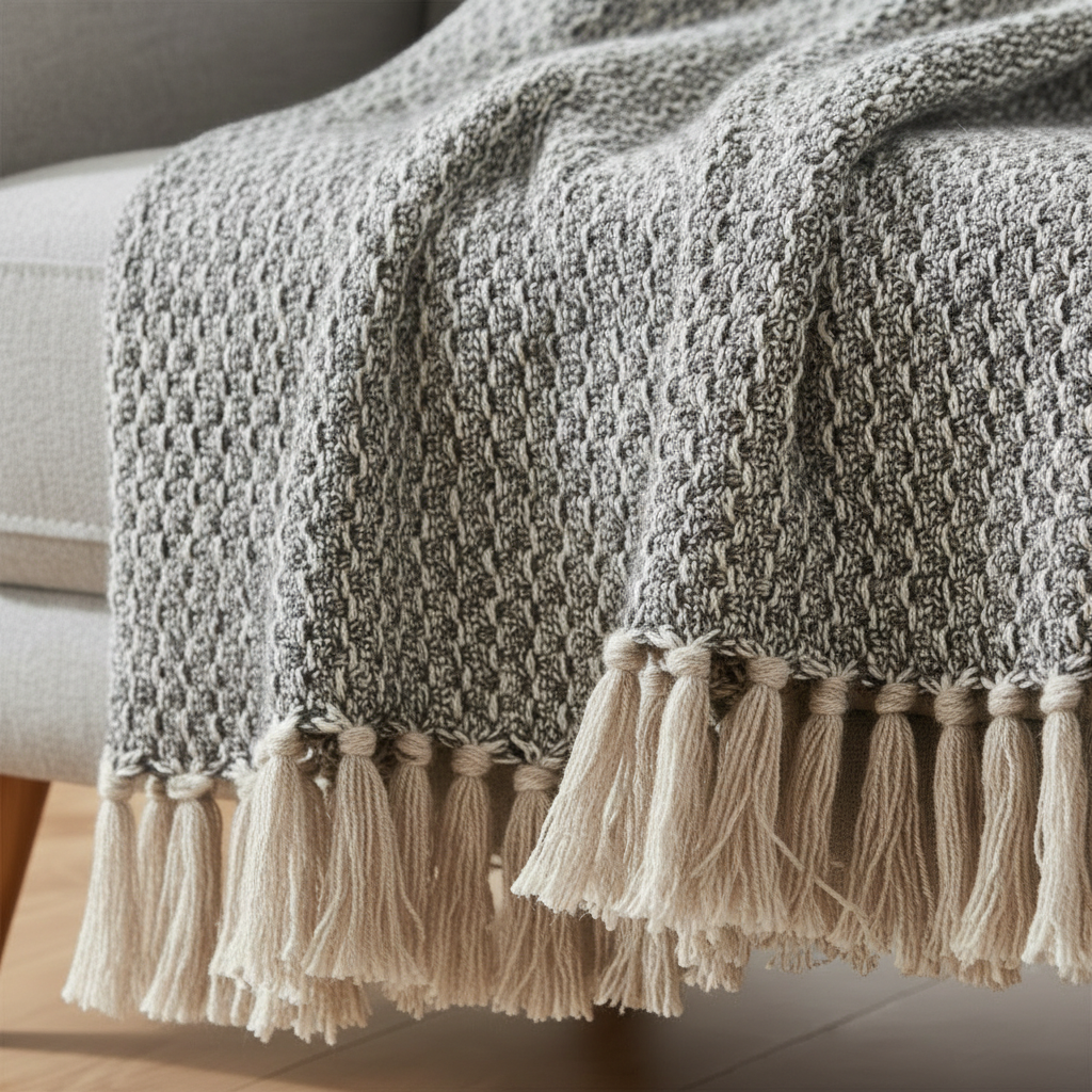Kvadratisk nærbilde av Cort pledd 130 × 160 cm med vevd tekstur