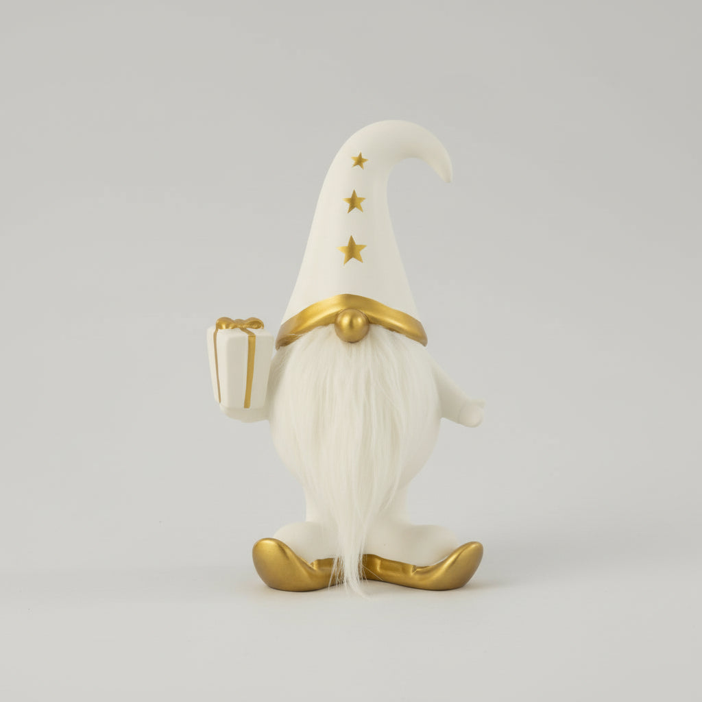 Nissefigur i hvitt porselen med gullhatt og langt skjegg, 29 cm. produktbilde, julenisse