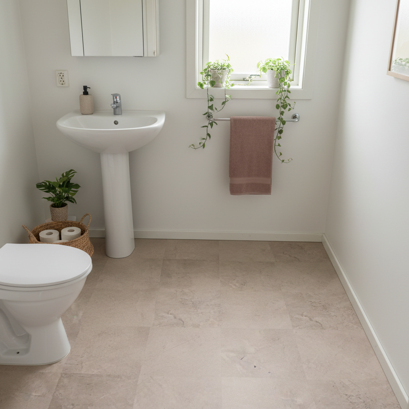 Ferdig lagt gulv med Leah fliser i varm betongdesign