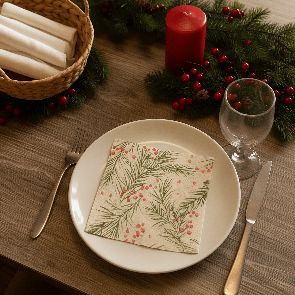 Juledekoreret bord med hvid tallerken, glass og bestik, pyntet med en serviet med granebær og røde bær.