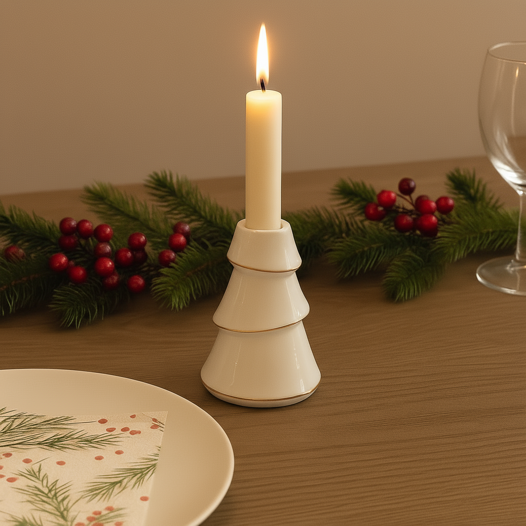 Hvit lysestake formet som juletre med tent stearinlys, pyntet bord med granbar og røde bær.