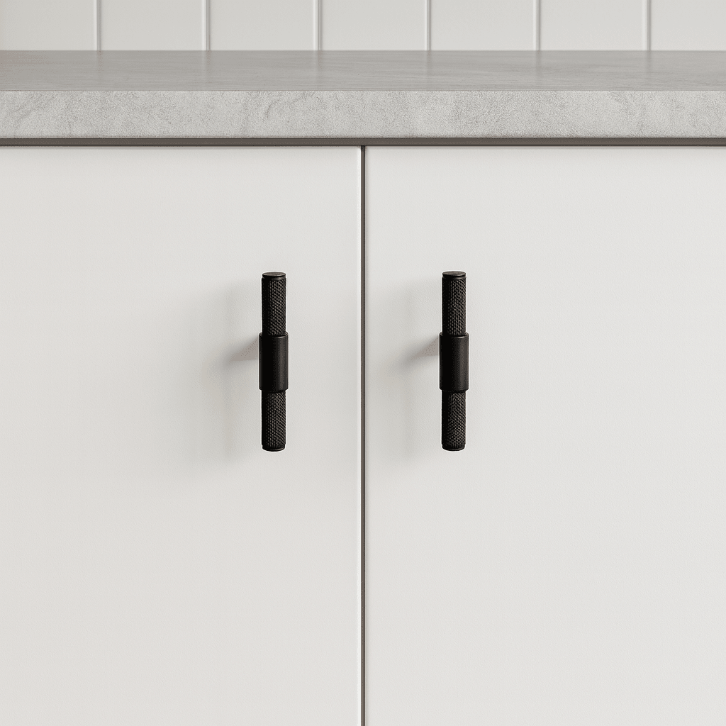 Stockholm T-bar håndtak i sort, 80 mm – moderne og stilrent valg til skuffer og skap.