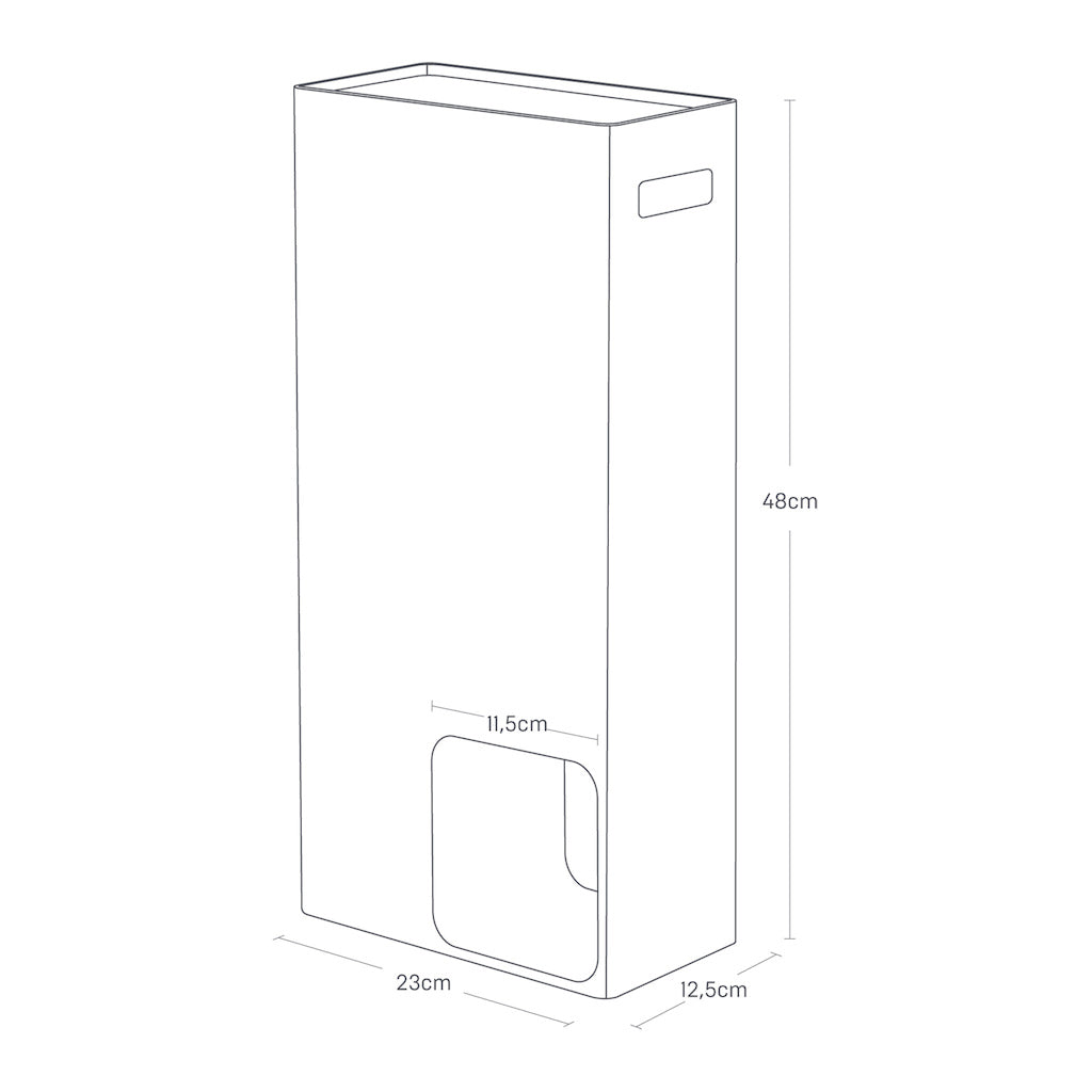Elegant toalettpapirbeholder med praktisk åpning i bunnen.