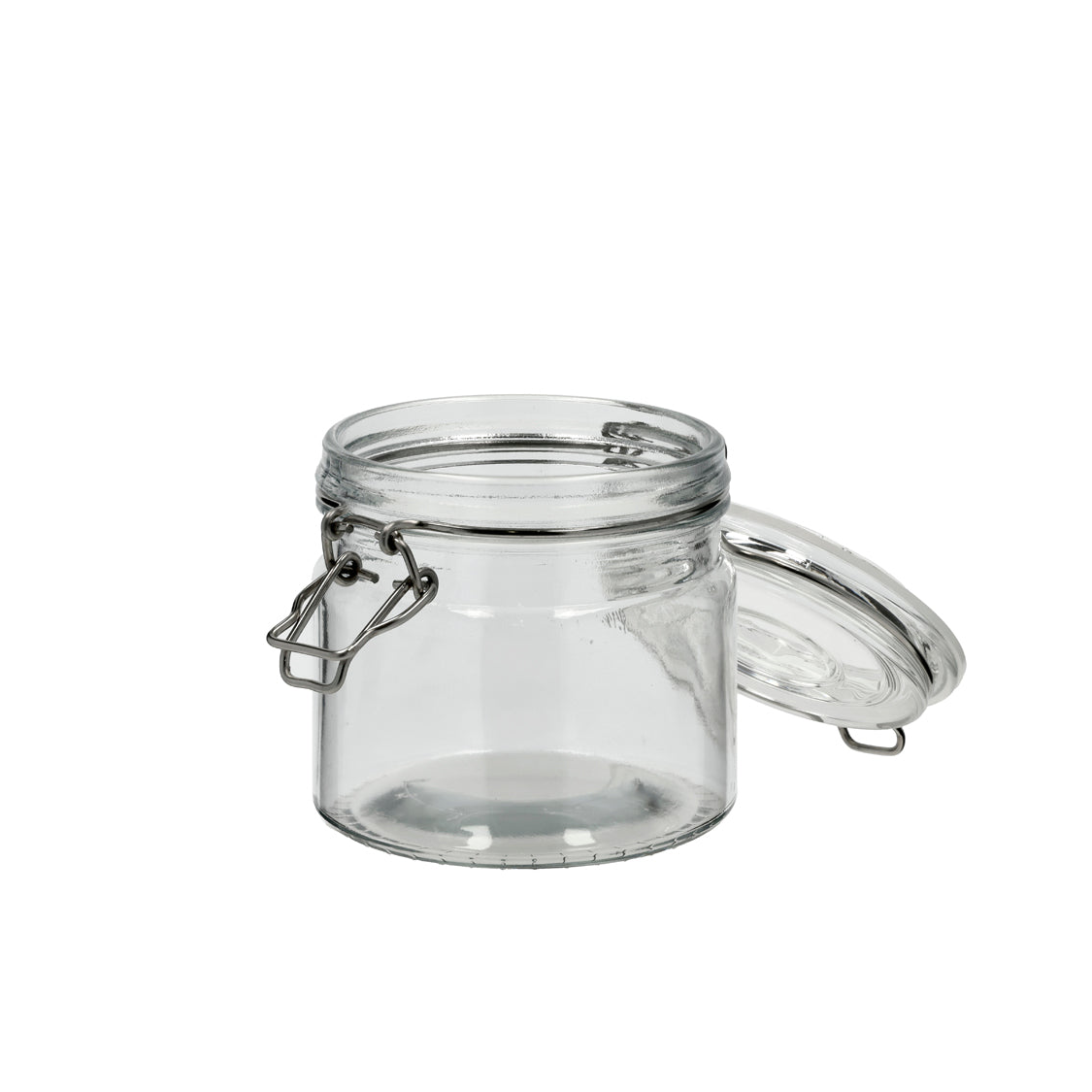 lite glass med lufttett lokk og metallklemme