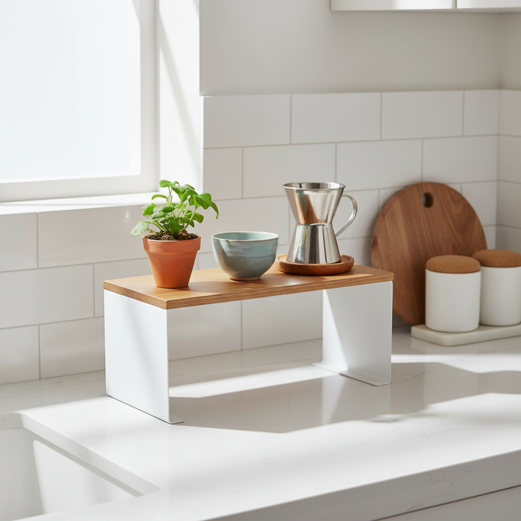 To stabelbare hyller i hvit farge med kopper og krydderglass på