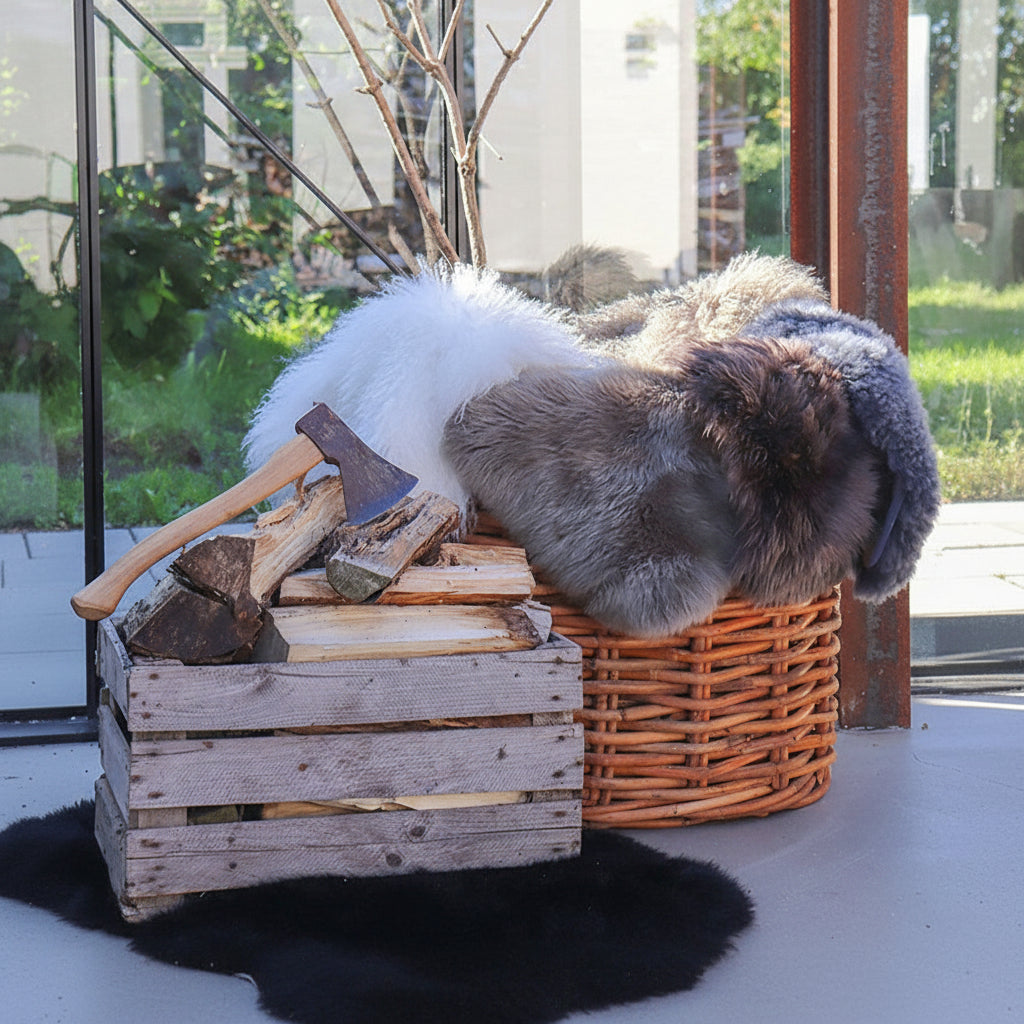 Elegant grÄ lammeskinn brukt pÄ moderne stol for myk komfort.