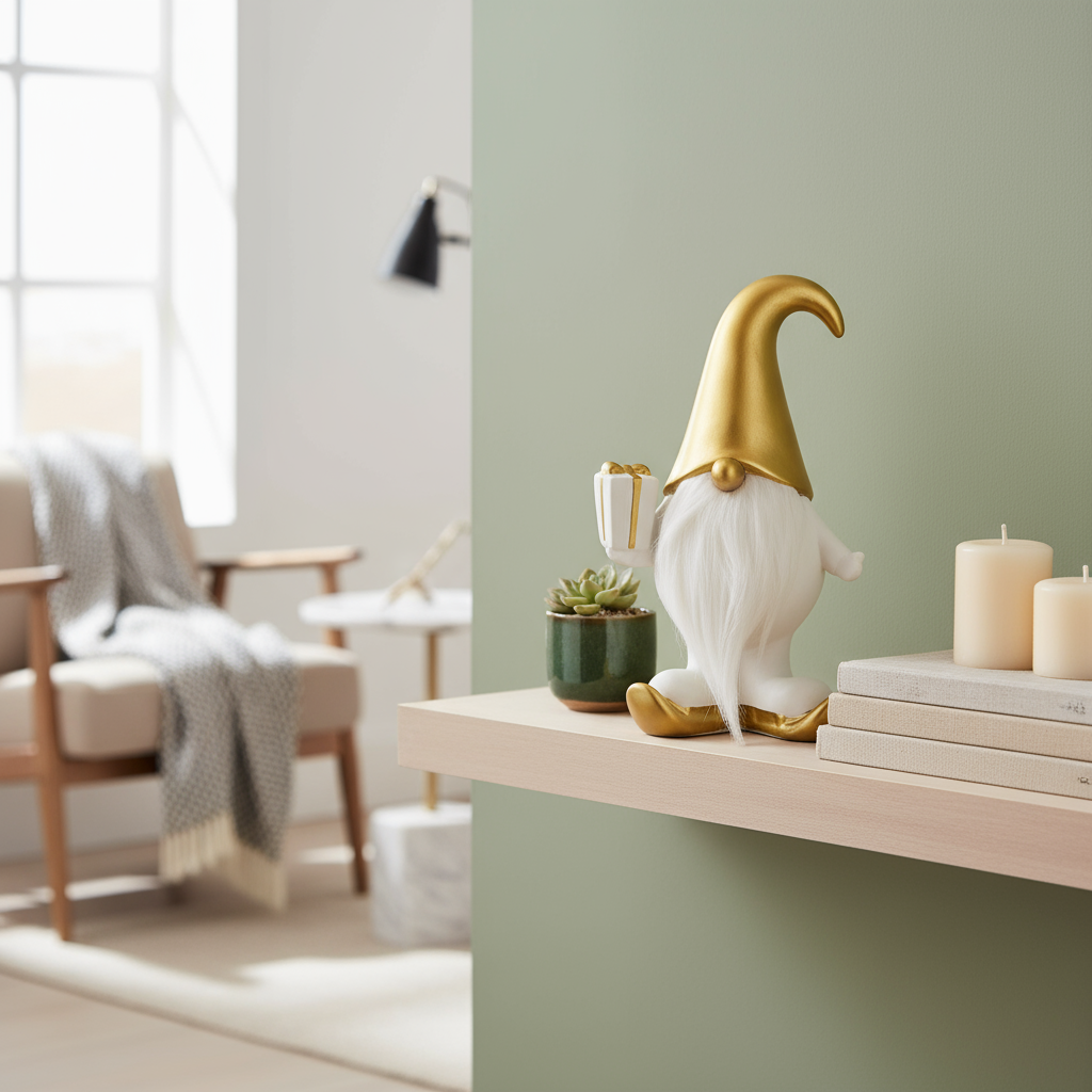 Julefigur Mats fra Lindas Dekor plassert på skjenk ved siden av levende lys