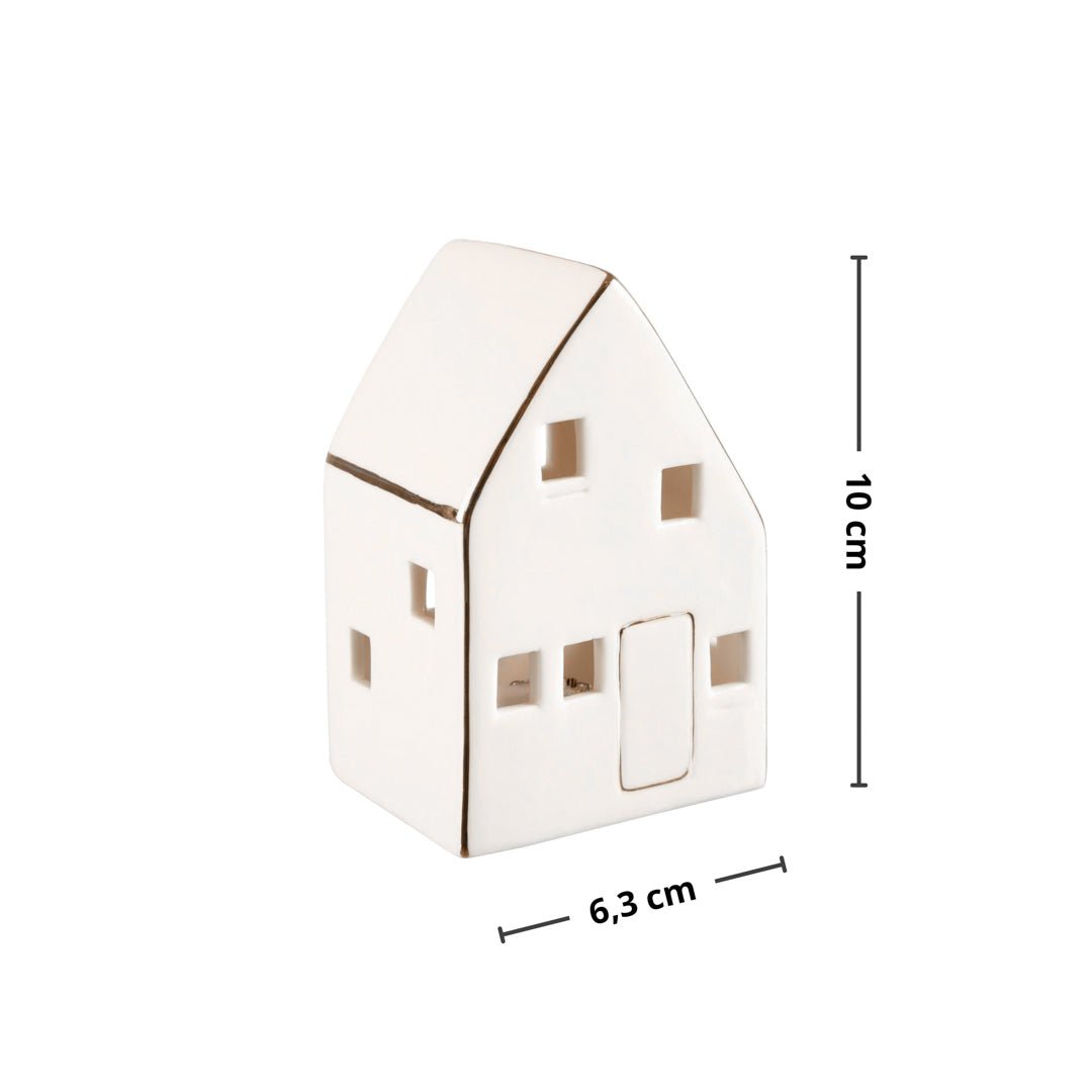 Hvidt keramikhus med LED-belysning 10x6,3 cm - Nordby lille julepynt