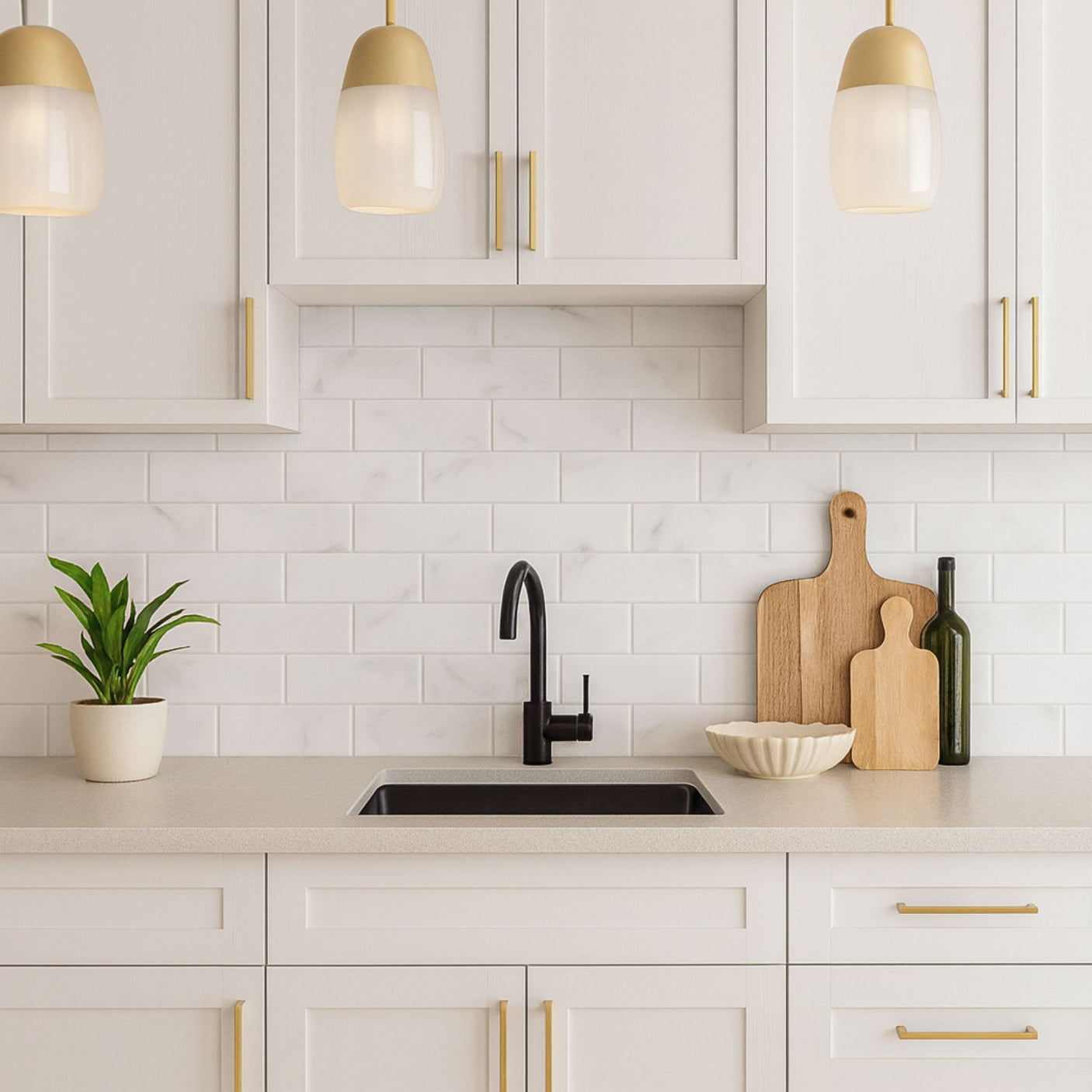 Lyst og moderne kjøkken med Subway marmor selvklebende veggfliser og gullfargede detaljer.