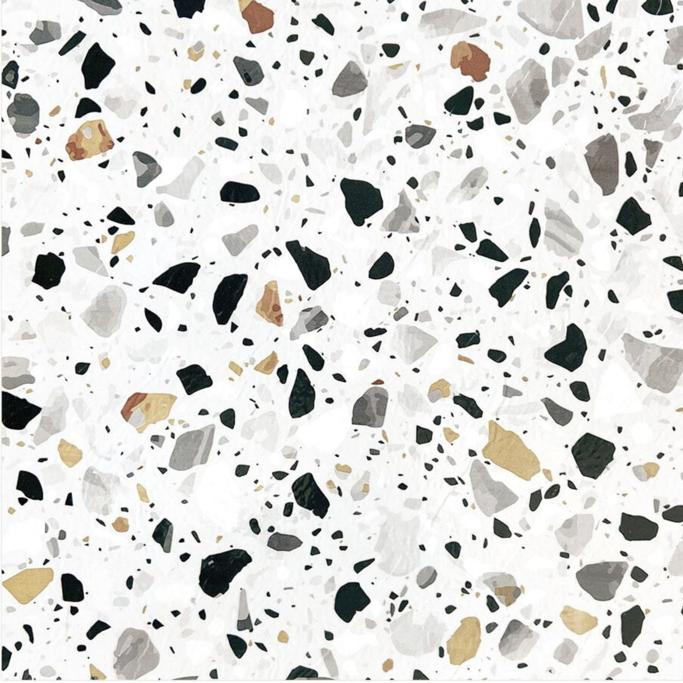 Selvklebende terrazzo-fliser med hvit bakgrunn og fargede steinmønstre i svart, grå og gull – moderne veggfliser til kjøkken og bad