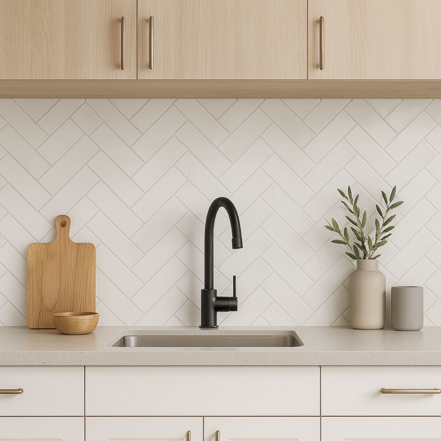 Moderne kjøkken med Stein fiskeben marmor veggfliser og svart kjøkkenarmatur.