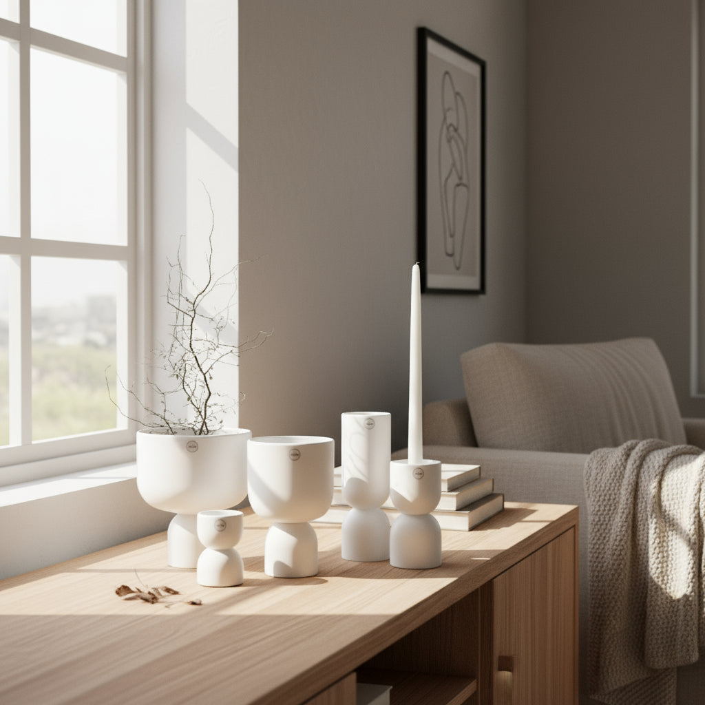 DBKD Post vase i matt hvit keramikk plassert i minimalistisk interiør