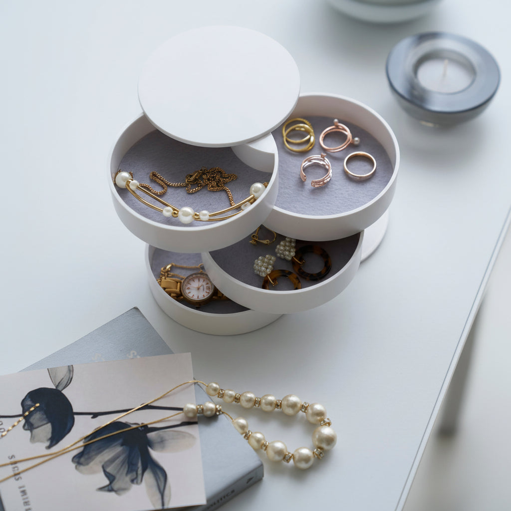 Hvit smykkeoppbevaring med beskyttende innside for ringer og øredobber.