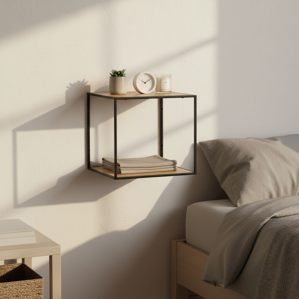 Oppheng og konstruksjon på vegghylle med metallramme