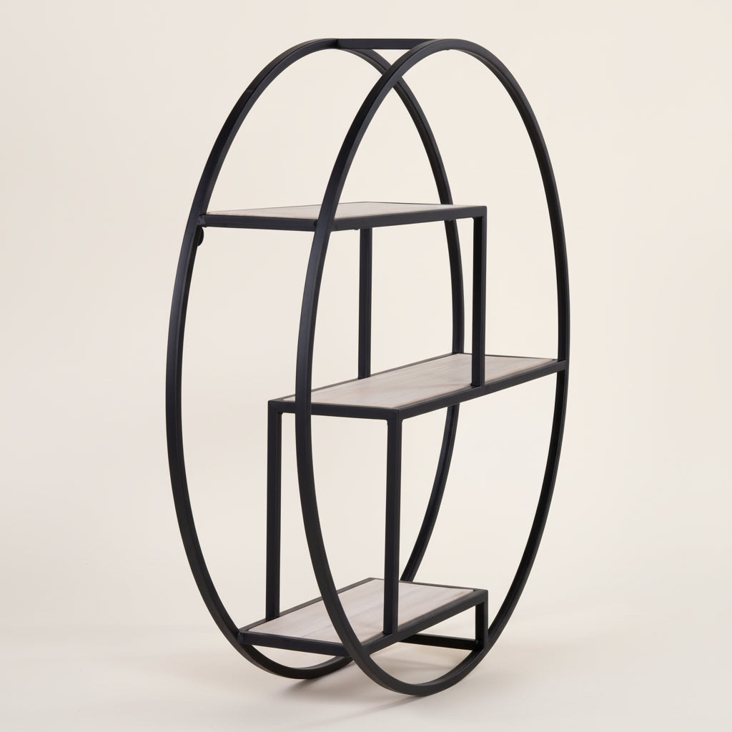 Rotterdam rund vegghylle isolert på nøytral bakgrunn, sort ramme og trehyller tydelig vist