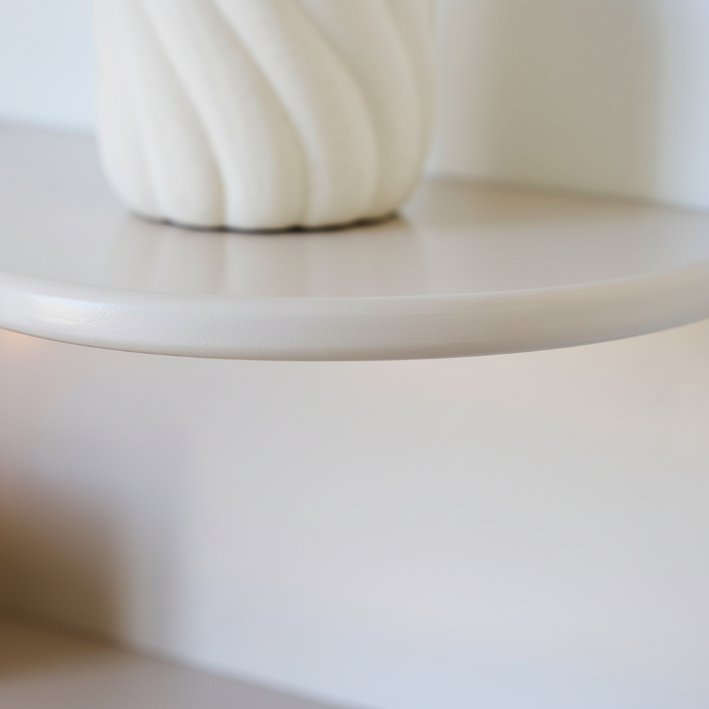 Beige vegghylle Botta med myk kant i front, frontvisning som viser dybde og høyde