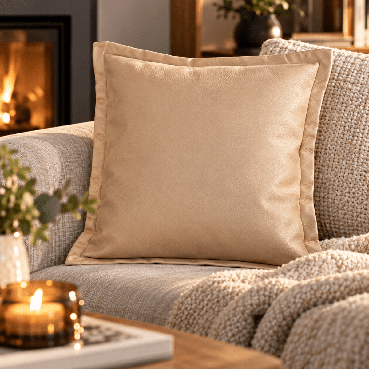 Beige putetrekk i skinnlook 50 x 50 cm i lun stue med peis og strikket pledd