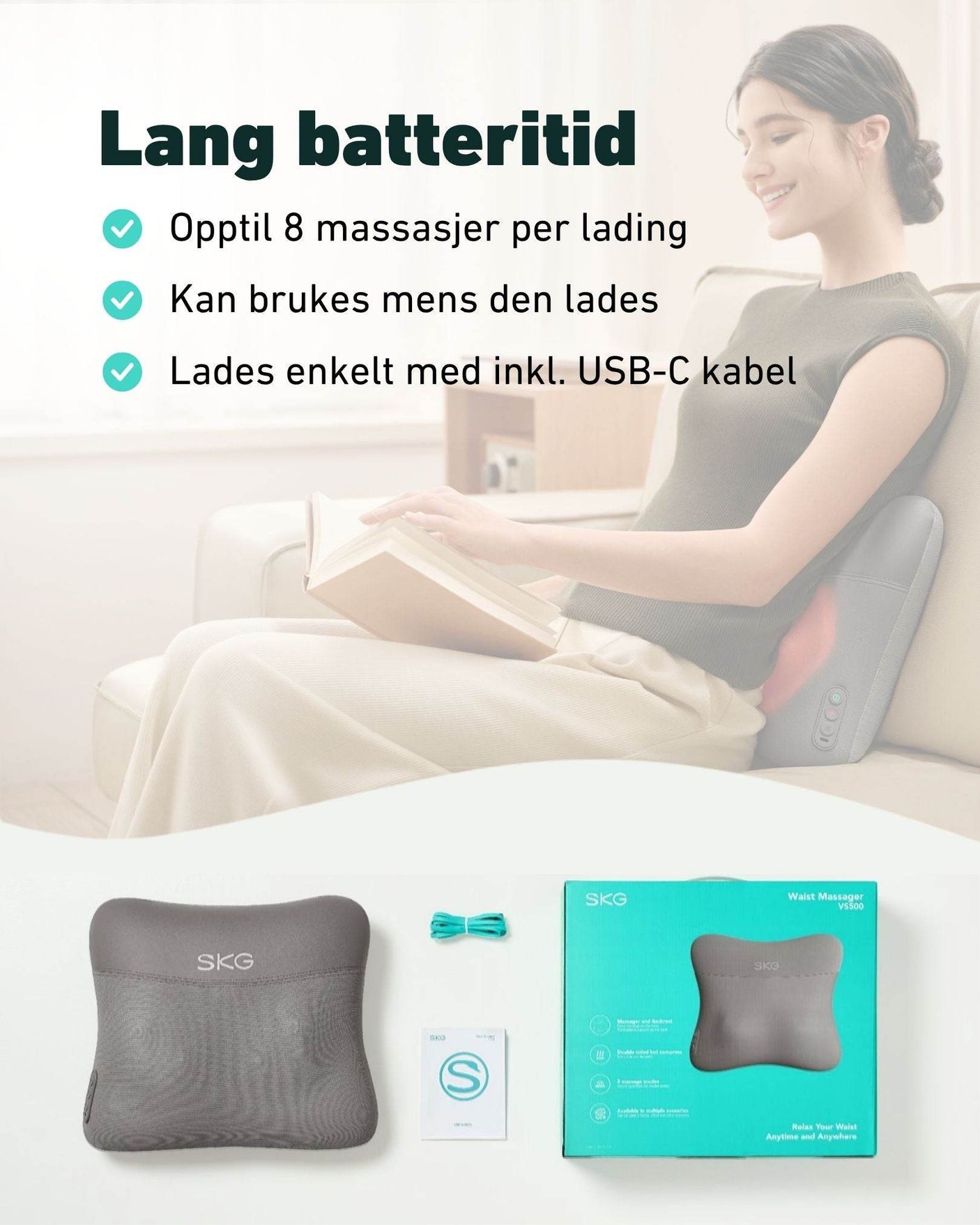 SKG massasjepute med opptil 8 massasjer per lading, USB-C lading og tilbehør inkludert i pakken