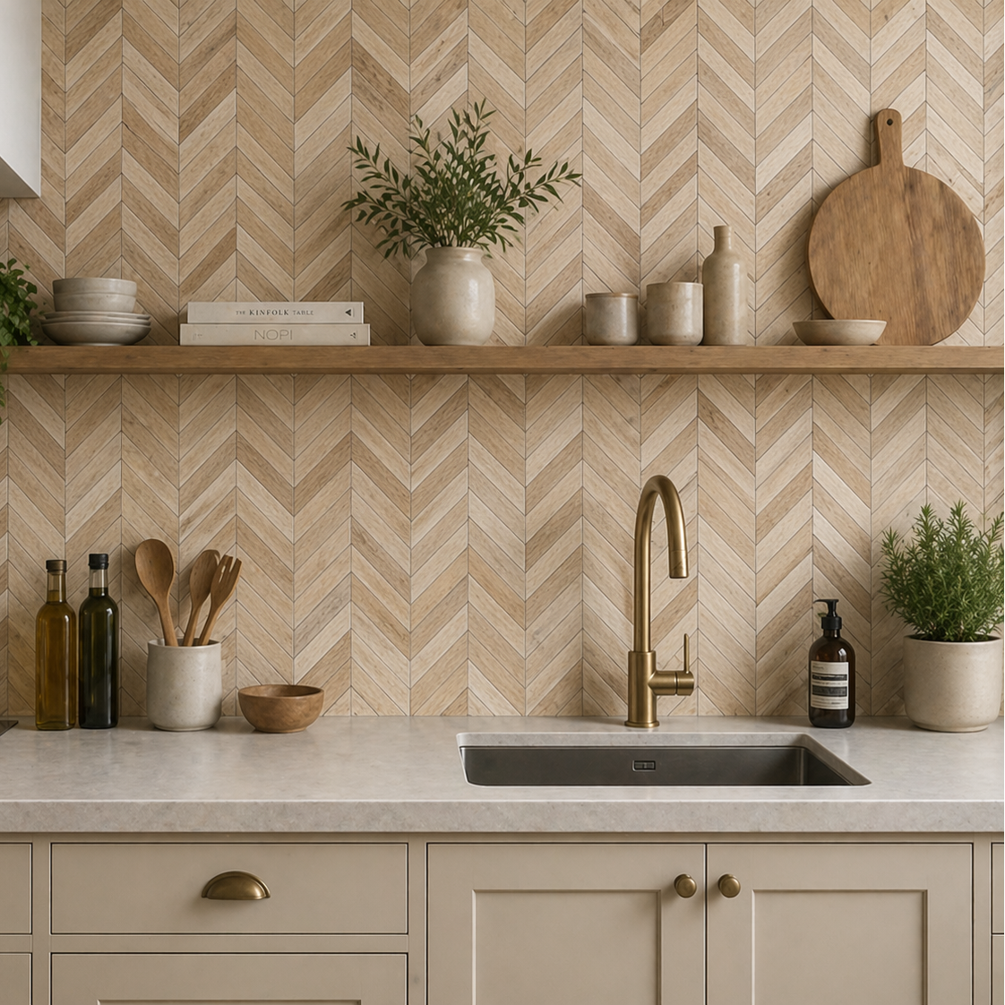 8-pk Wooden Harmony selvklebende fliser lys eik fiskebein 40 x 40 cm