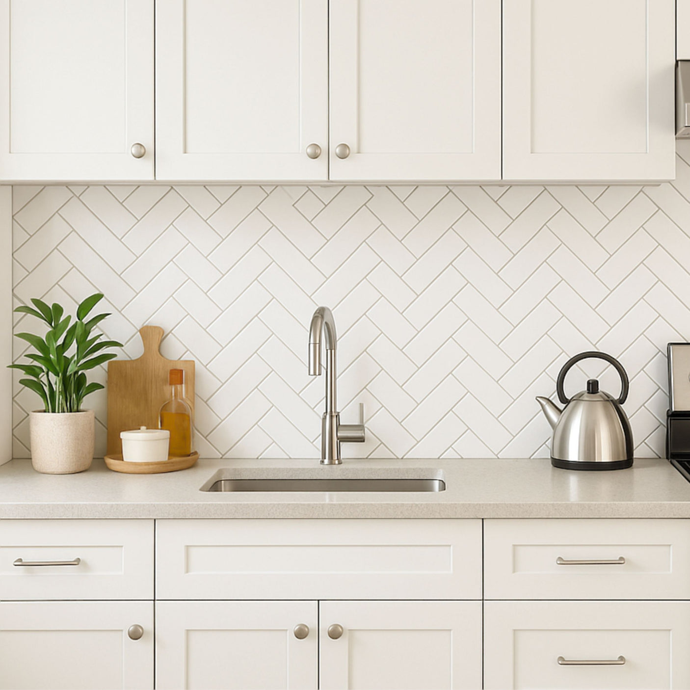 Lyst kjøkken med Stein fiskeben marmor veggfliser bak vasken og elegante detaljer.