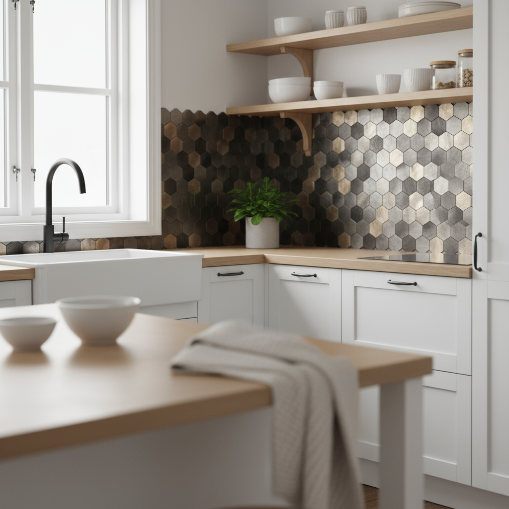 10 - pk Latte hexagon selvklebende veggfliser - Lindas Dekor
