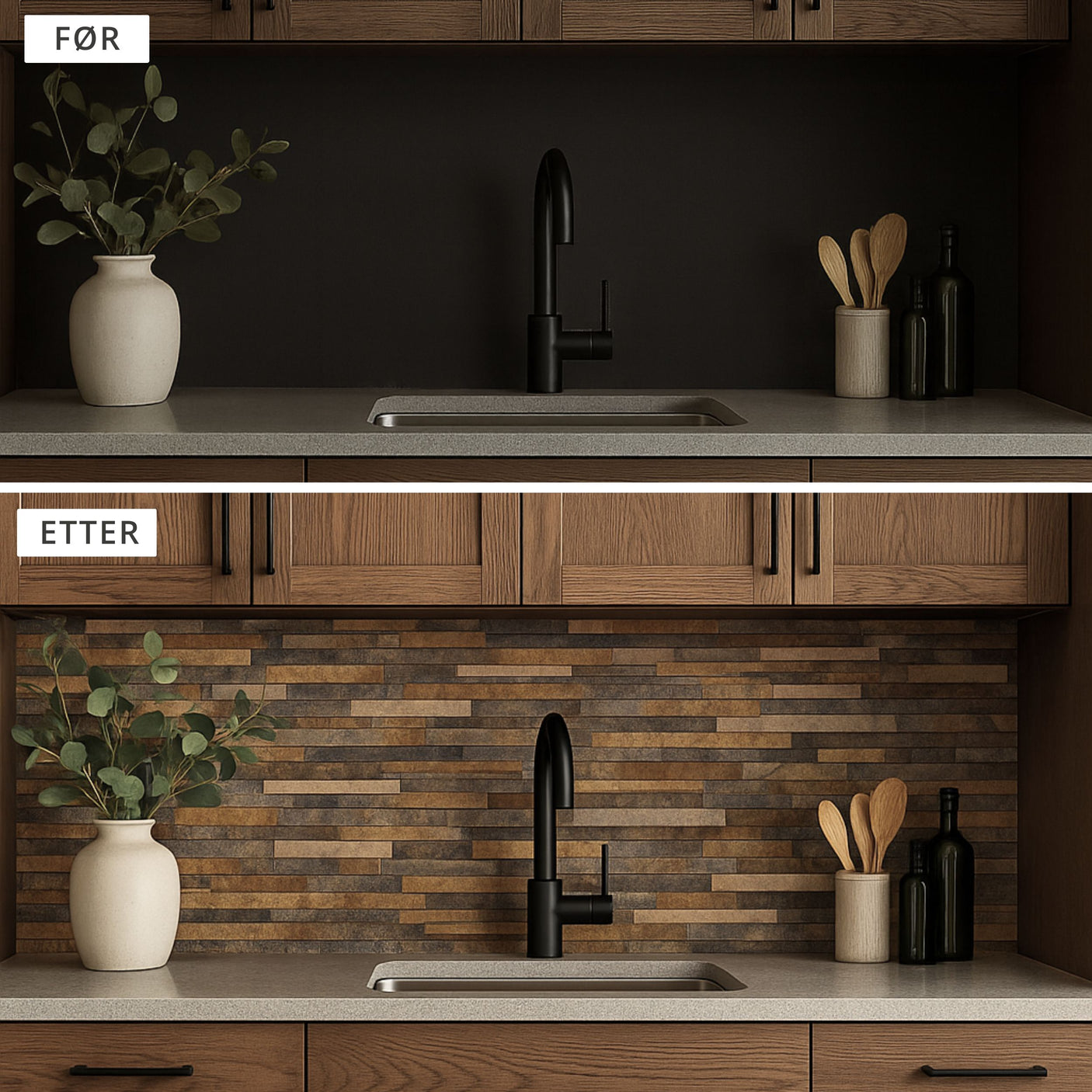 Før og etter bilde av kjøkkenfornyelse med Karoline selvklebende fliser på veggen.