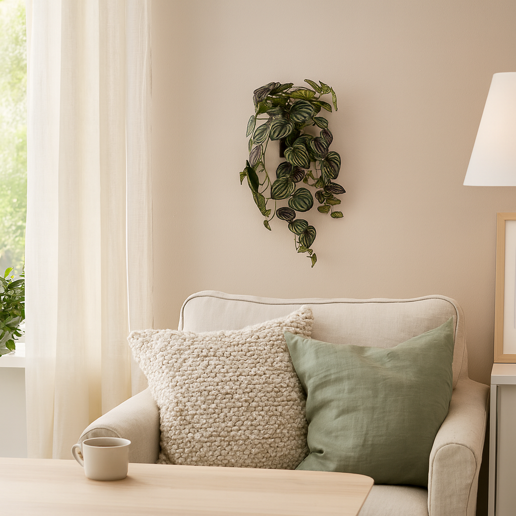 Grønn hengende kunstplante i veggpotte stylet i lun stue med sofa, puter og mykt dagslys fra vindu.