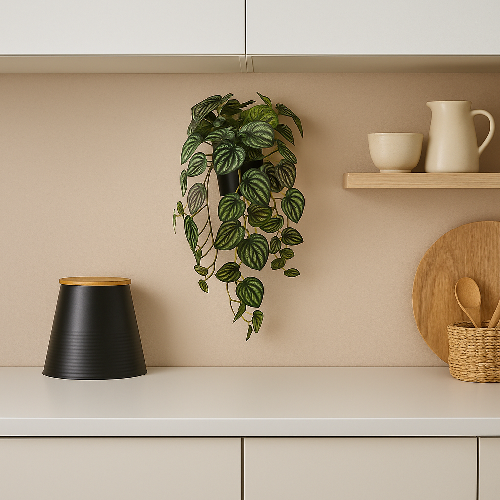 Hengende kunstig plante i sort veggpotte stylet på moderne kjøkken med lyse toner og naturmaterialer.