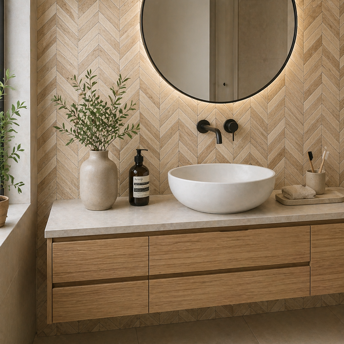 Vinyl fliser med fiskebein design brukt i stue med trelook