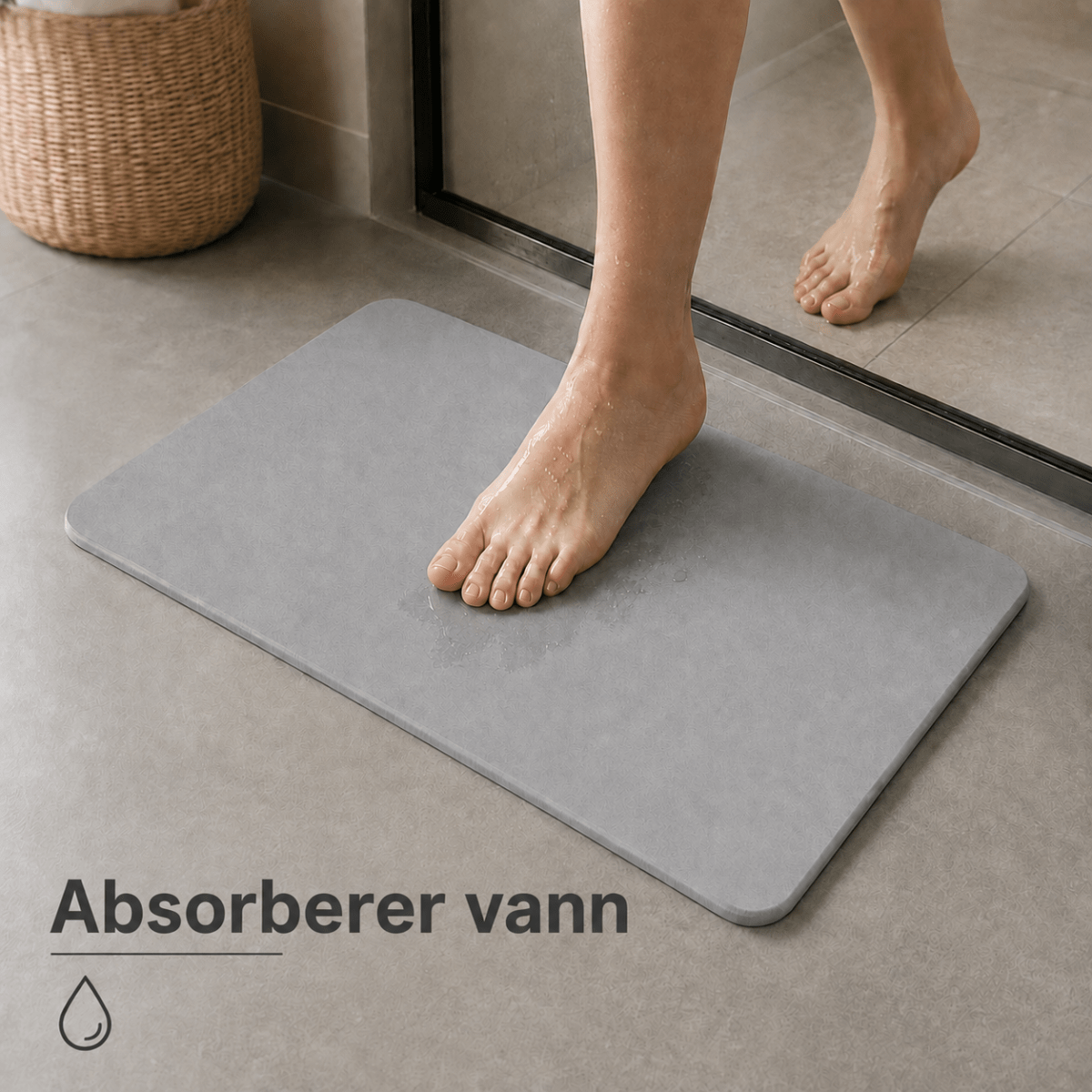 Baderomsmatte i absorberende diatomitt med produktfordeler og symboler