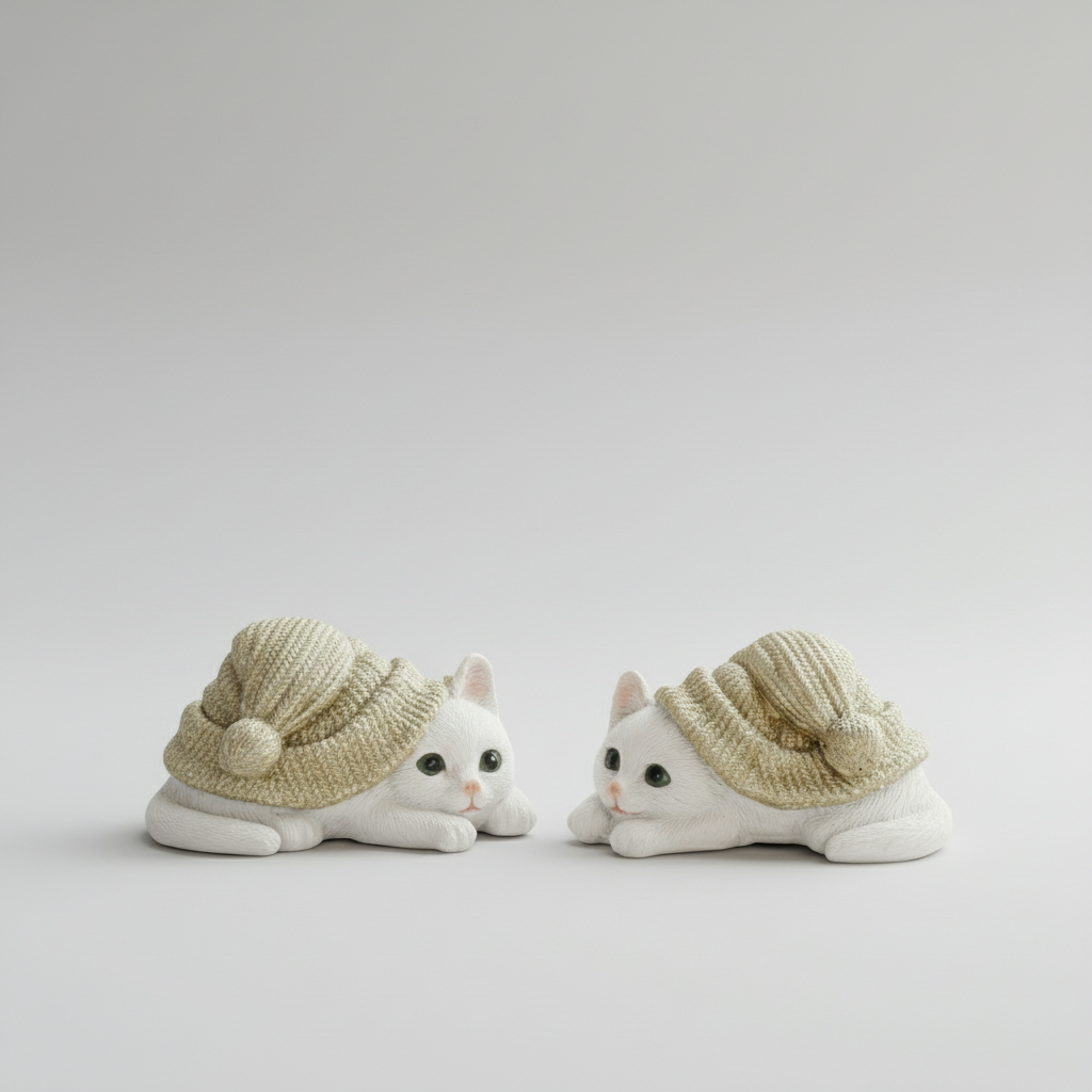 To små kattefigurer i polyresin med grønne luer på hvit bakgrunn