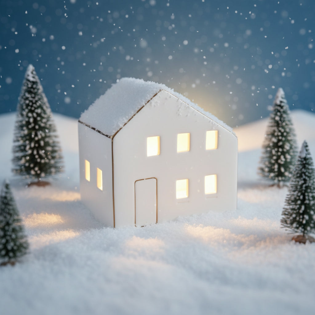 Hvitt keramikkhus med lys inni, plassert på et bord i en koselig stue.