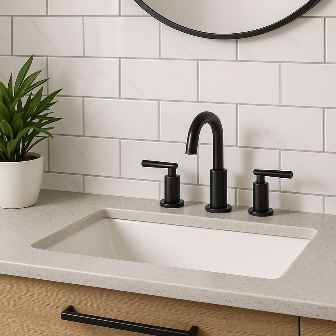 Baderomsinnredning med Stein marmor veggfliser og sort armatur for en moderne kontrast.