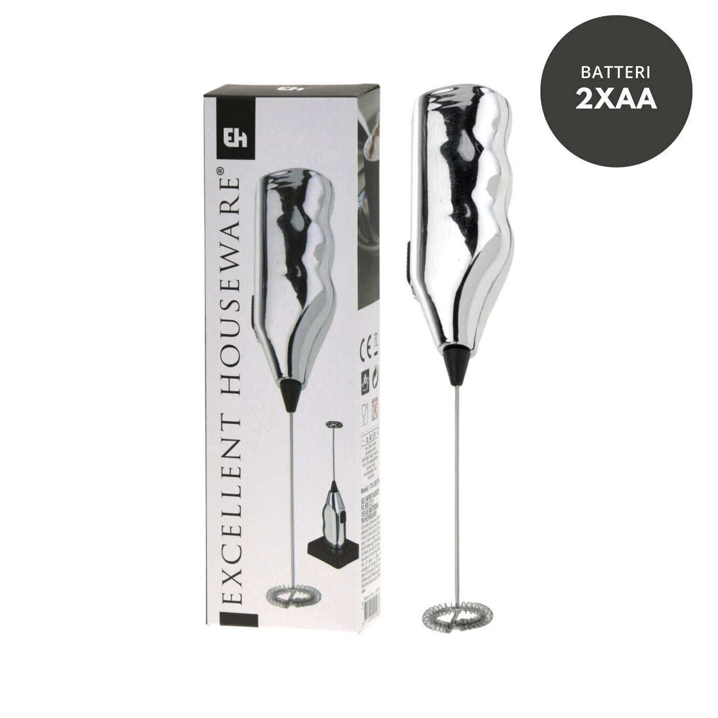 Sølvfarget melkeskummer fra Excellent Houseware med eske, drives av 2 AA-batterier.