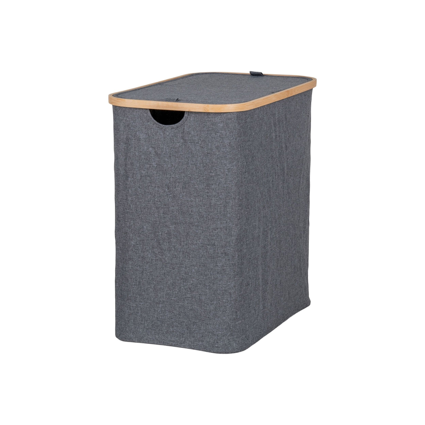 Målskisse av grå skittentøyskurv med bambusramme og lokk.