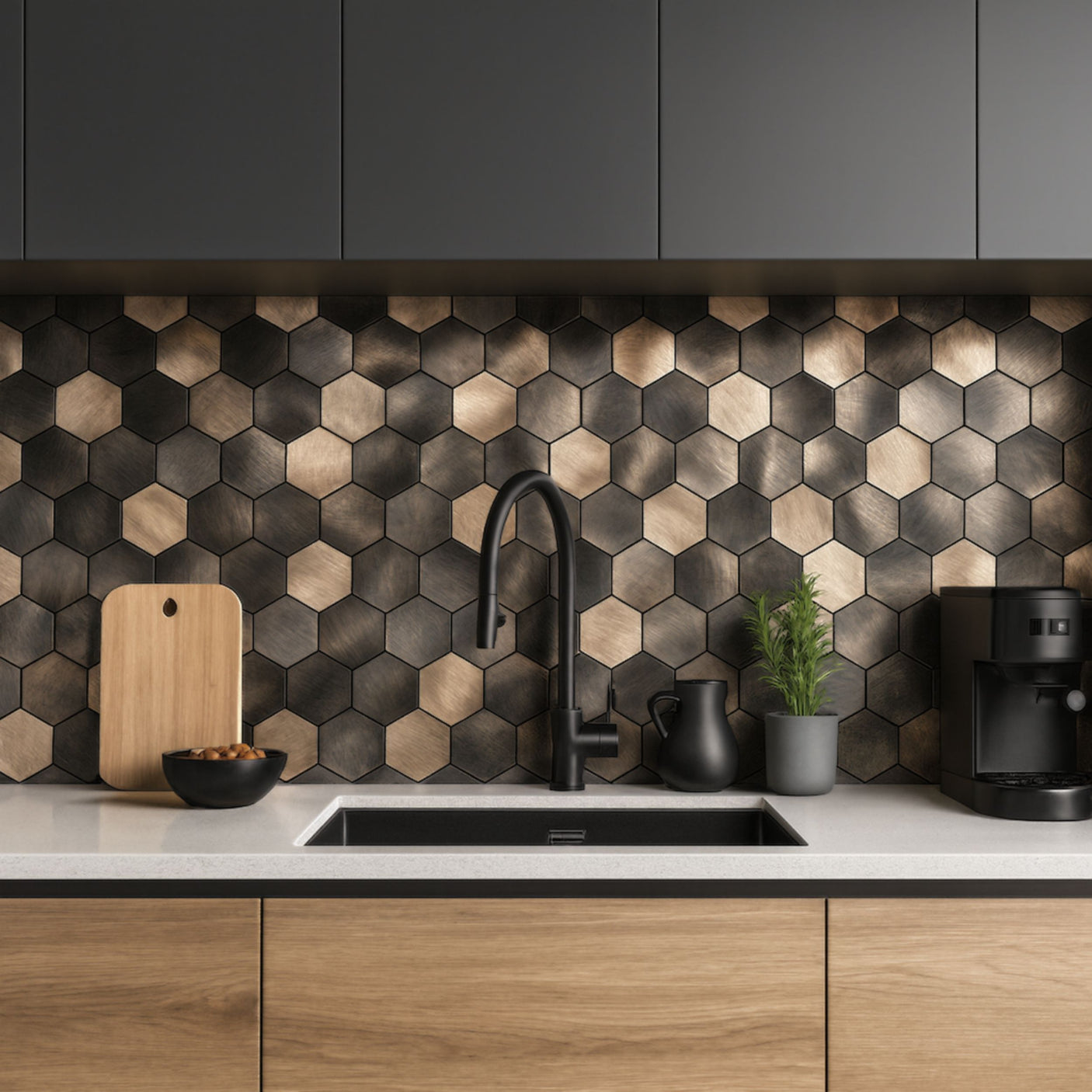 Moderne kjøkken med svart og Latte hexagon selvklebende fliser på vegg, kombinert med eikefronter og sort armatur