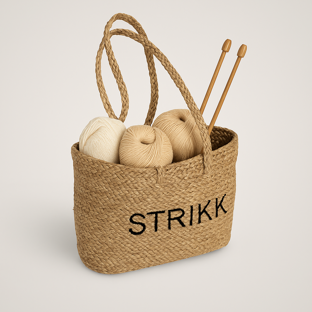 Stråveske med brodert tekst STRIKK fylt med garnnøster og strikkepinner, perfekt til oppbevaring av strikketøy.