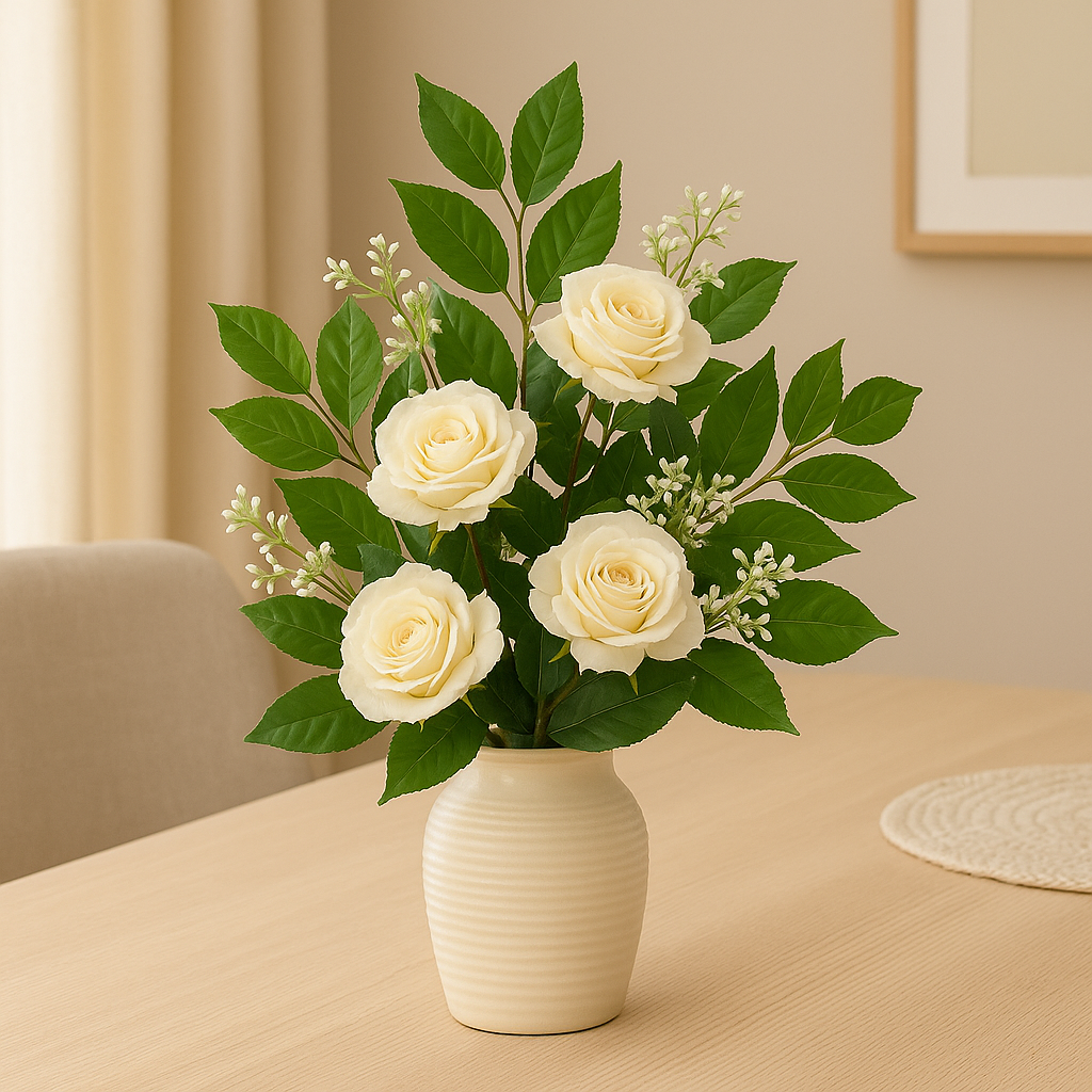 Elegant oppsats med kremhvite roser og grønne blader i lys keramikkvase, perfekt til pynt på bordet.