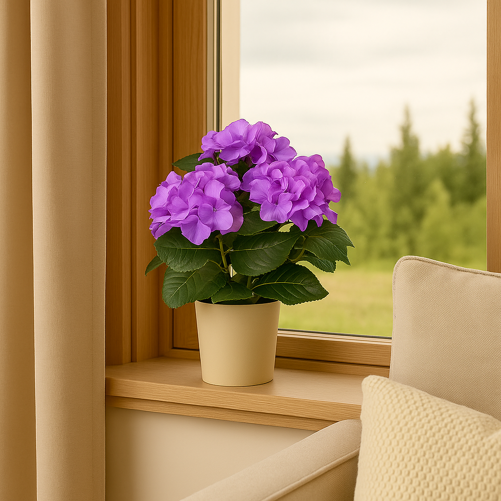 Lilla hortensiablomst i beige potte plassert i en vinduskarm i en lun stue med utsikt mot grønne trær og natur.