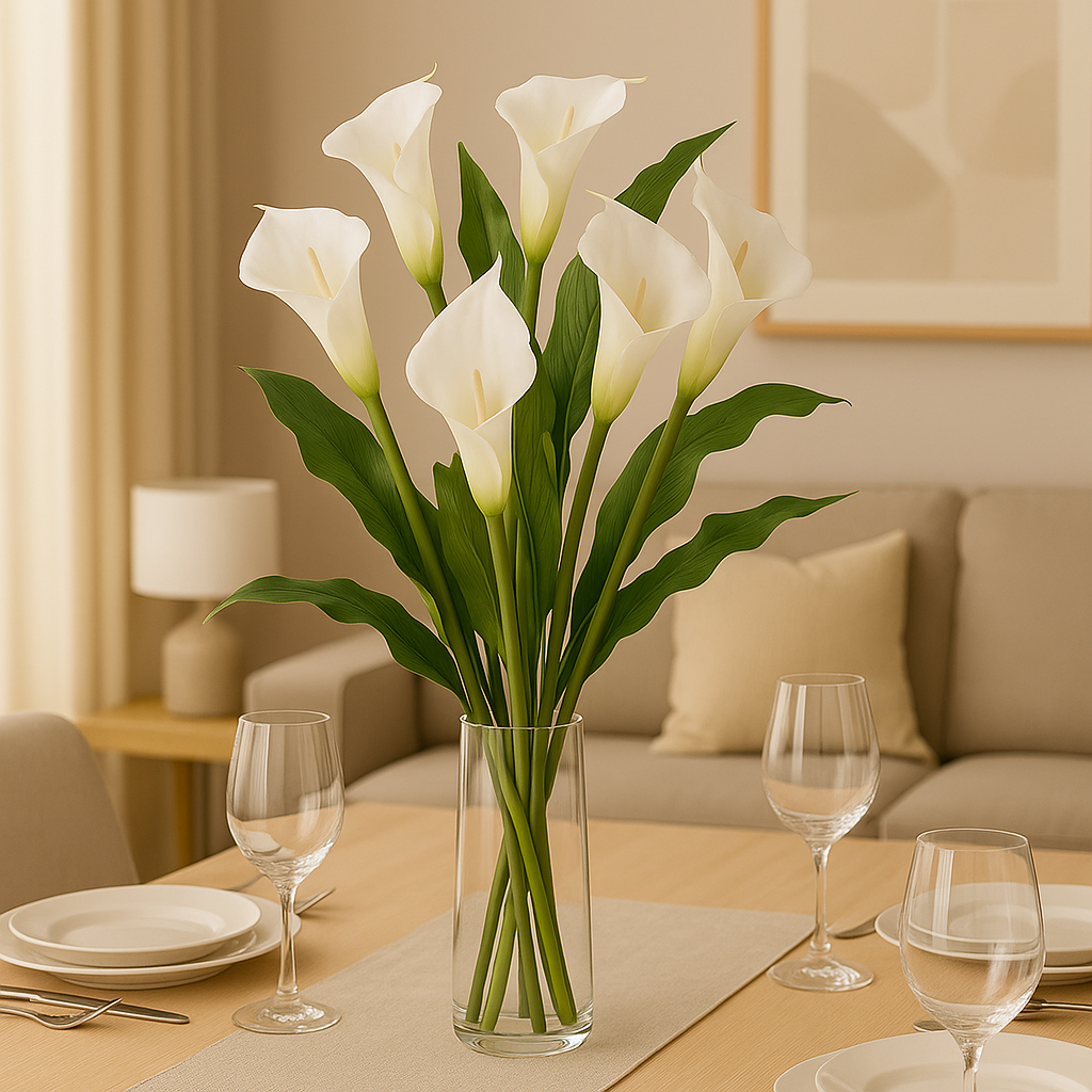 Elegant bukett med hvite kalla-liljer og grønne blader i en vase, plassert på et festpyntet bord i en moderne og lys stue.