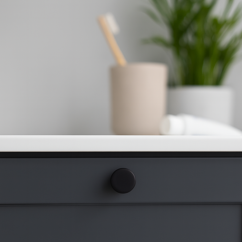 Sort matt knott montert på grå baderomsinnredning, med tannkrem, tannbørste og grønn plante i bakgrunnen.