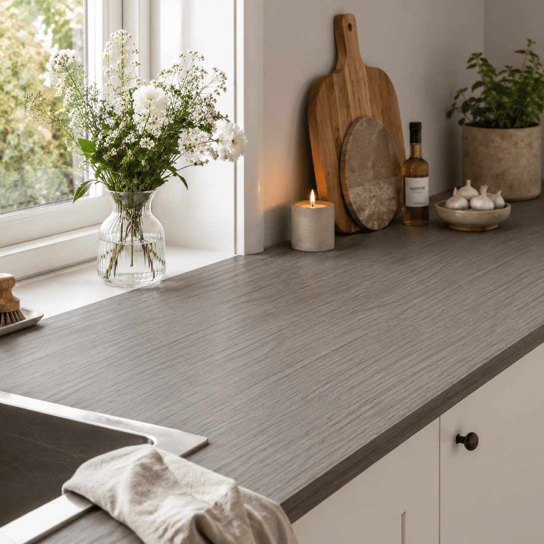 Köksbänk belagt med Calm Greige kontaktplast i varm gråbeige trefinish vid fönster med naturlig dagsljus