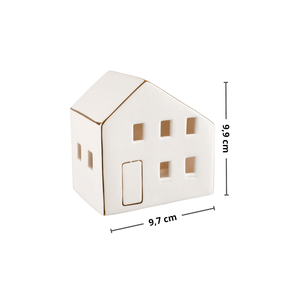 Hvitt keramikkhus med målene 9,9 cm høyde og 9,7 cm bredde.