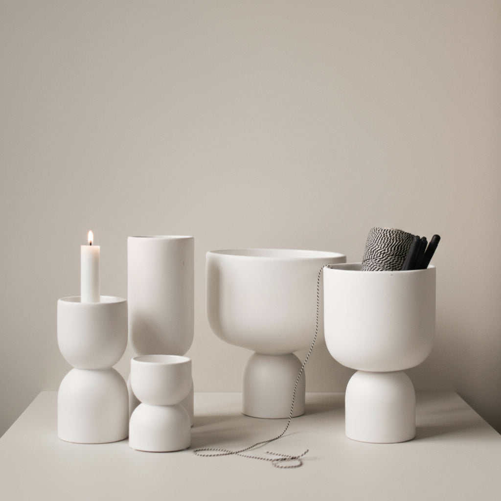 DBKD Post vase i matt hvit keramikk plassert i minimalistisk interiør