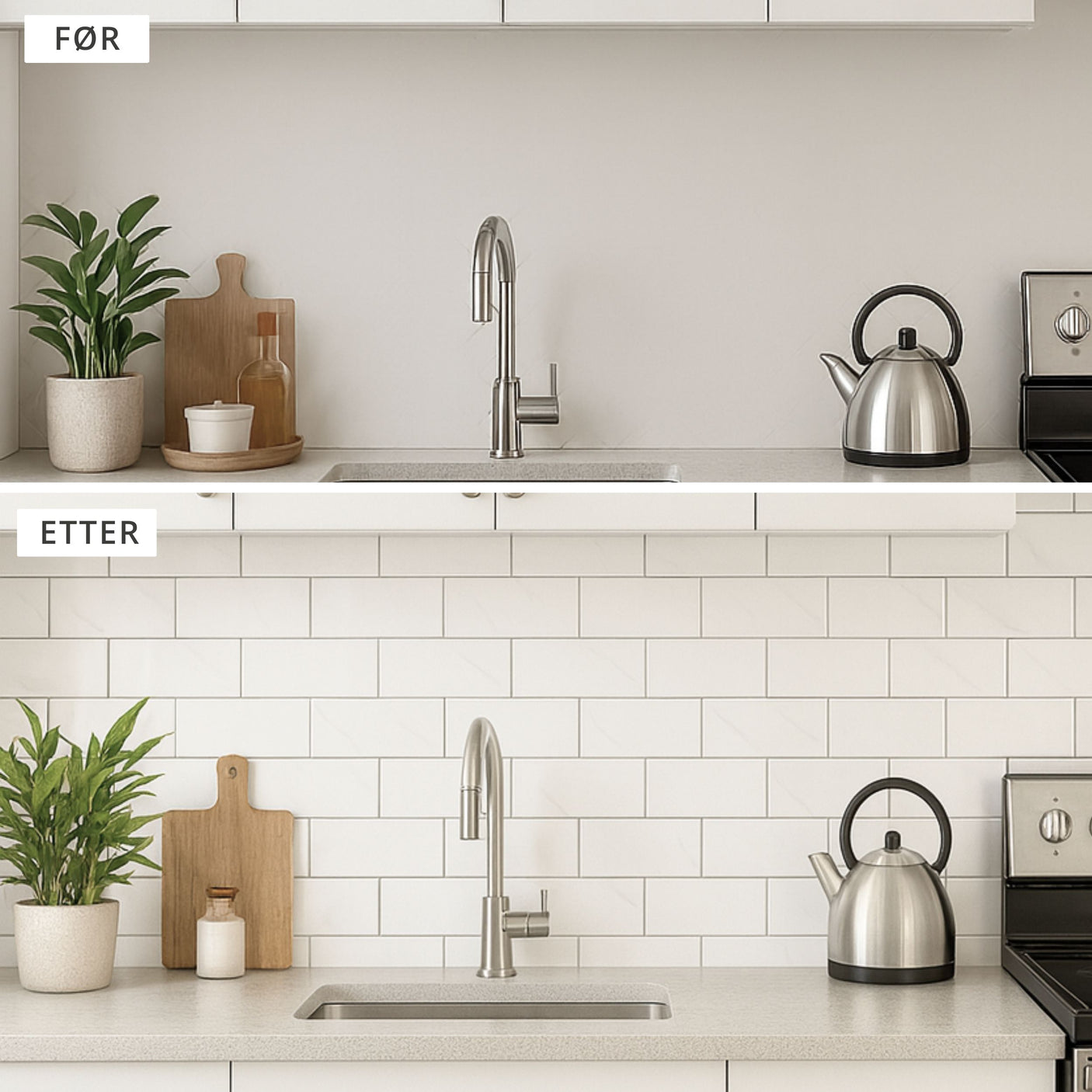 Før og etter bilde som viser kjøkkenoppussing med Stein marmor veggfliser på veggen.