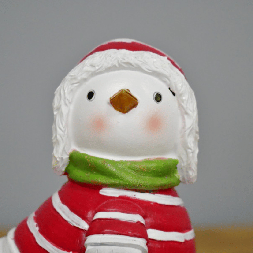 Julefugl i rød- og hvitstripet genser, grønt skjerf og nisselue.