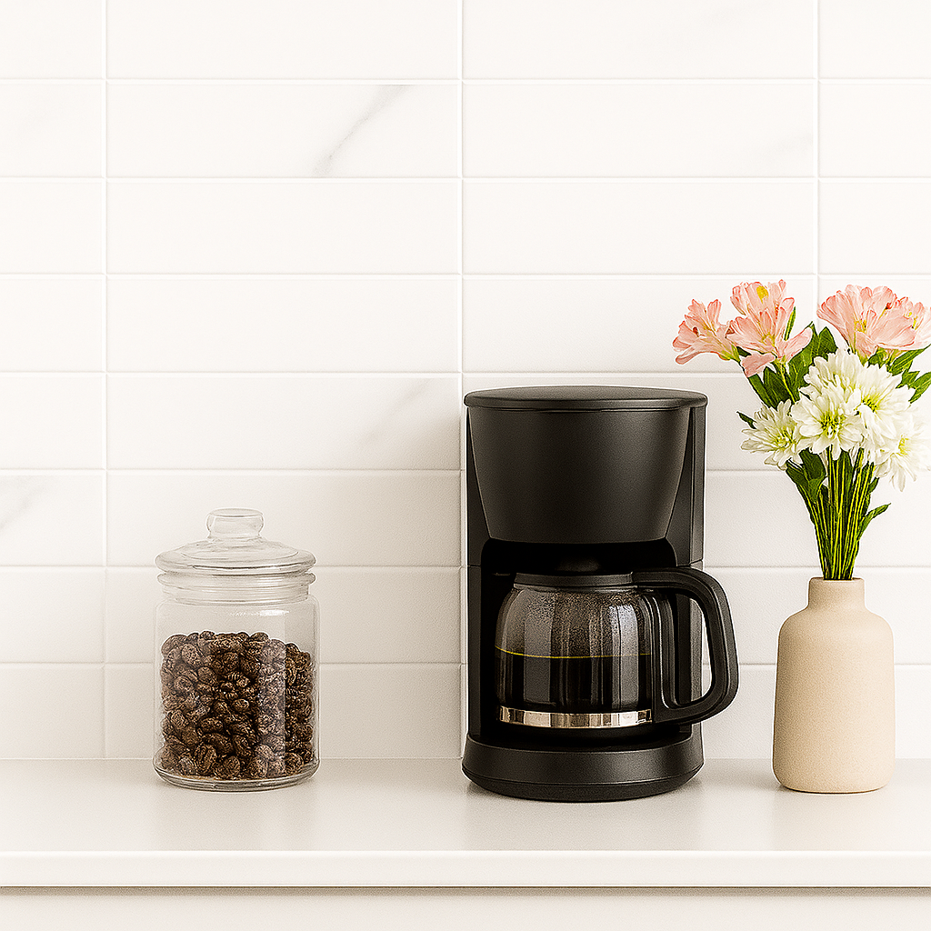 Kaffestasjon med hvit marmorlook-flis, kaffetrakter, glasskrukke med kaffebønner og blomster i beige vase på lys kjøkkenbenk.